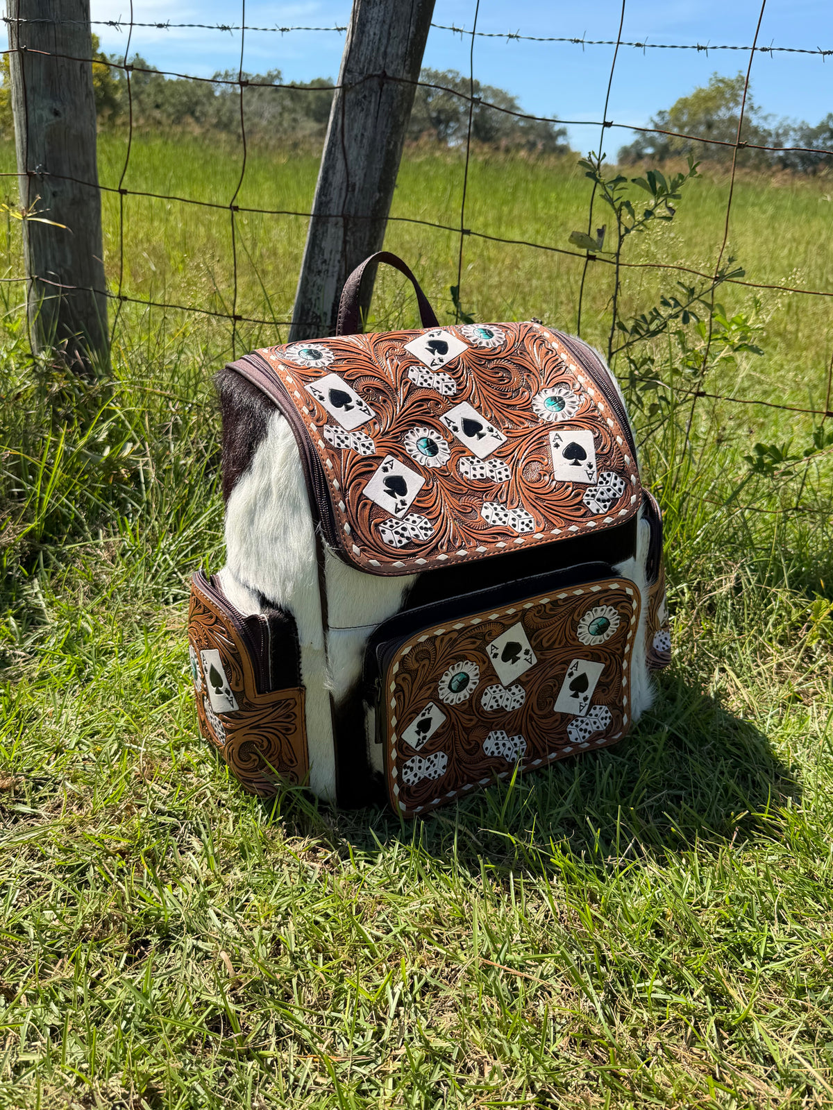 Cards Tooled Leather and Cowhide Backpack