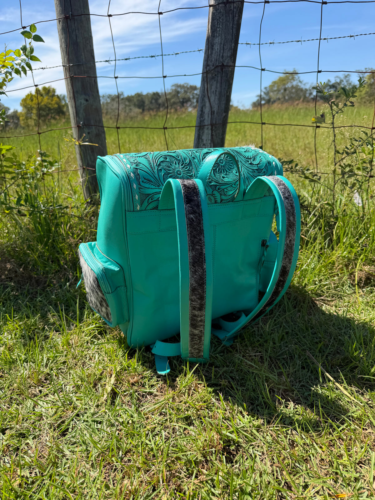 Turquoise Leather and Cowhide Backpack