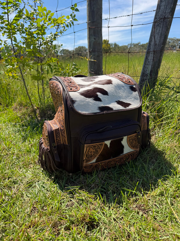 Tooled Leather and Cowhide Backpack With Fringe