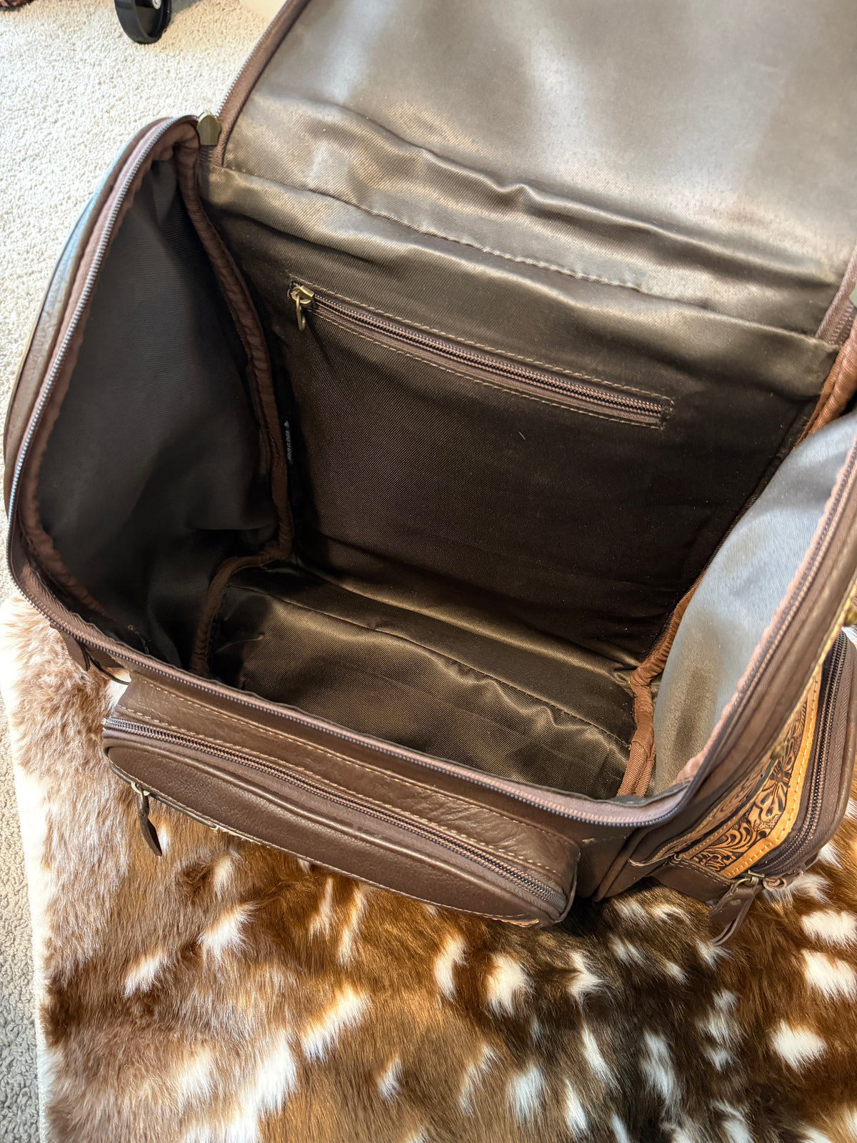 Tooled Leather and Cowhide Backpack With Fringe