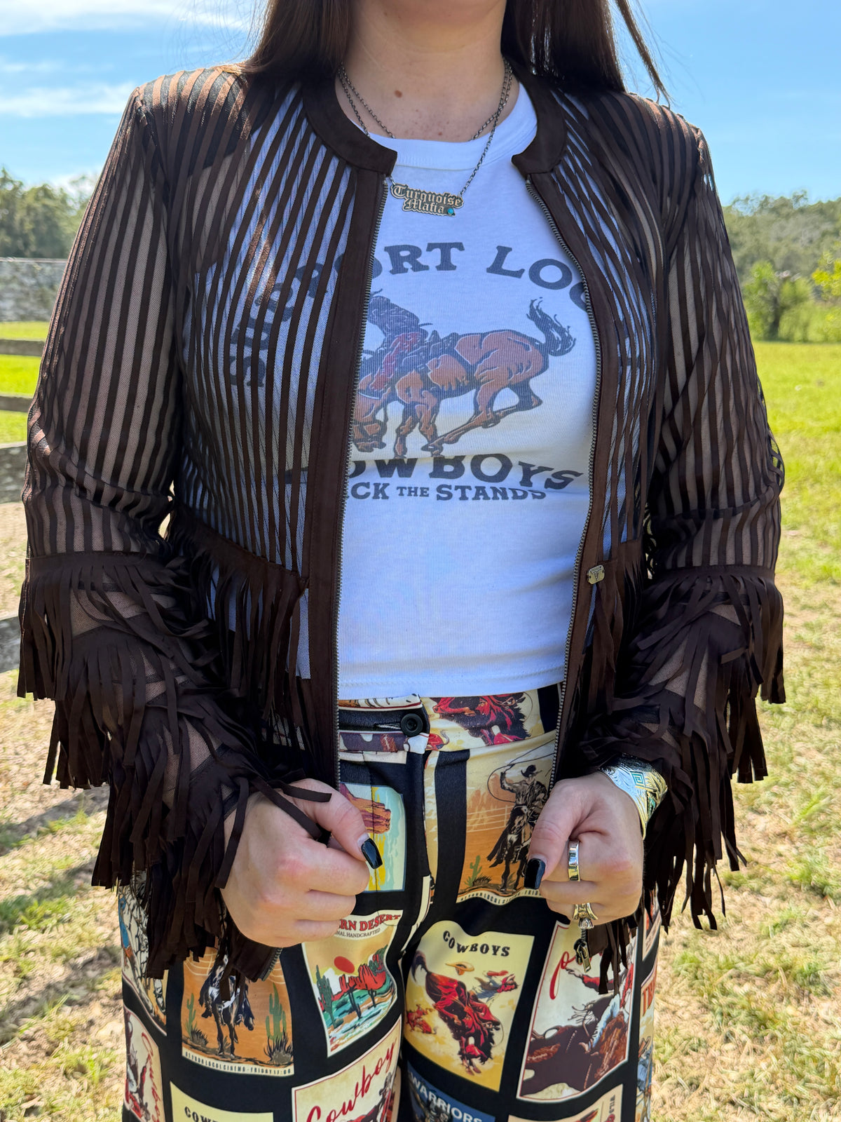 Fringe Leather Mesh Jacket