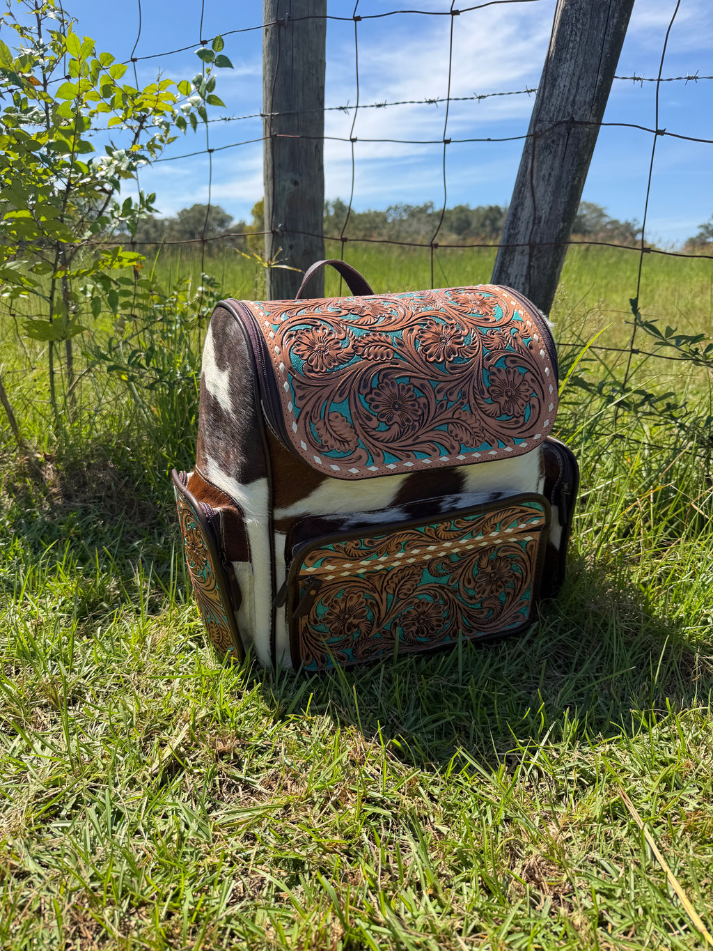 Turquoise Tooled Leather and Cowhide Backpack