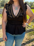 Black Camel Embroidered Smock Top
