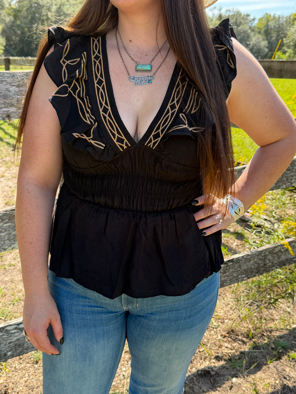 Black Camel Embroidered Smock Top