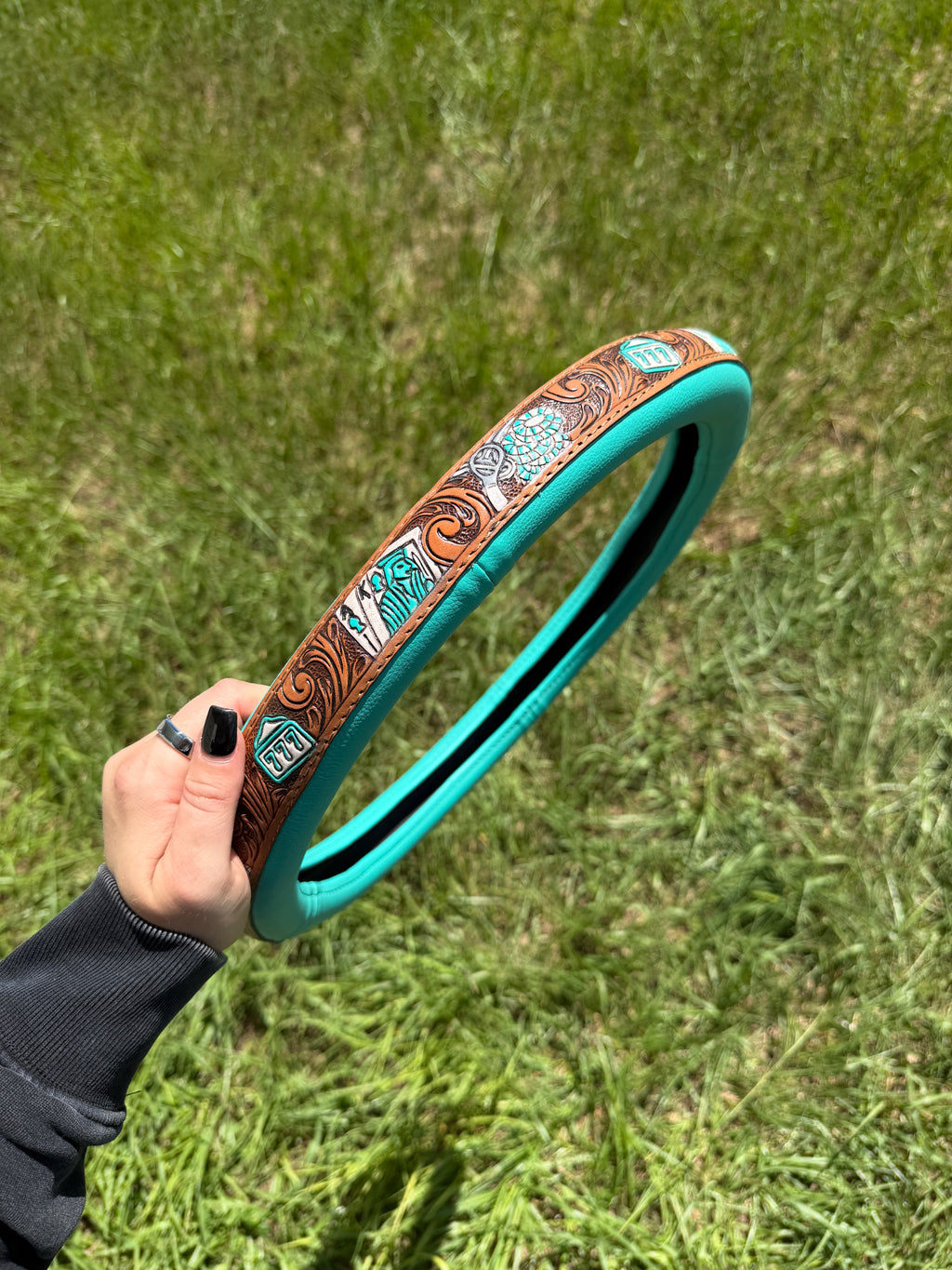 Turquoise Tooled Leather Steering Wheel Cover