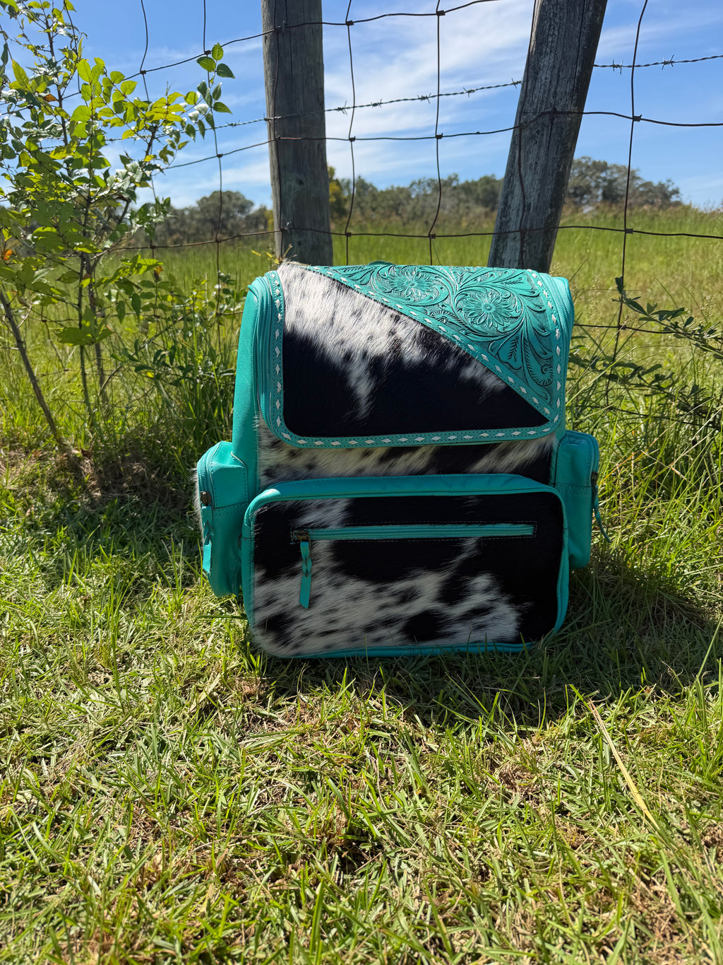 Turquoise Leather and Cowhide Backpack