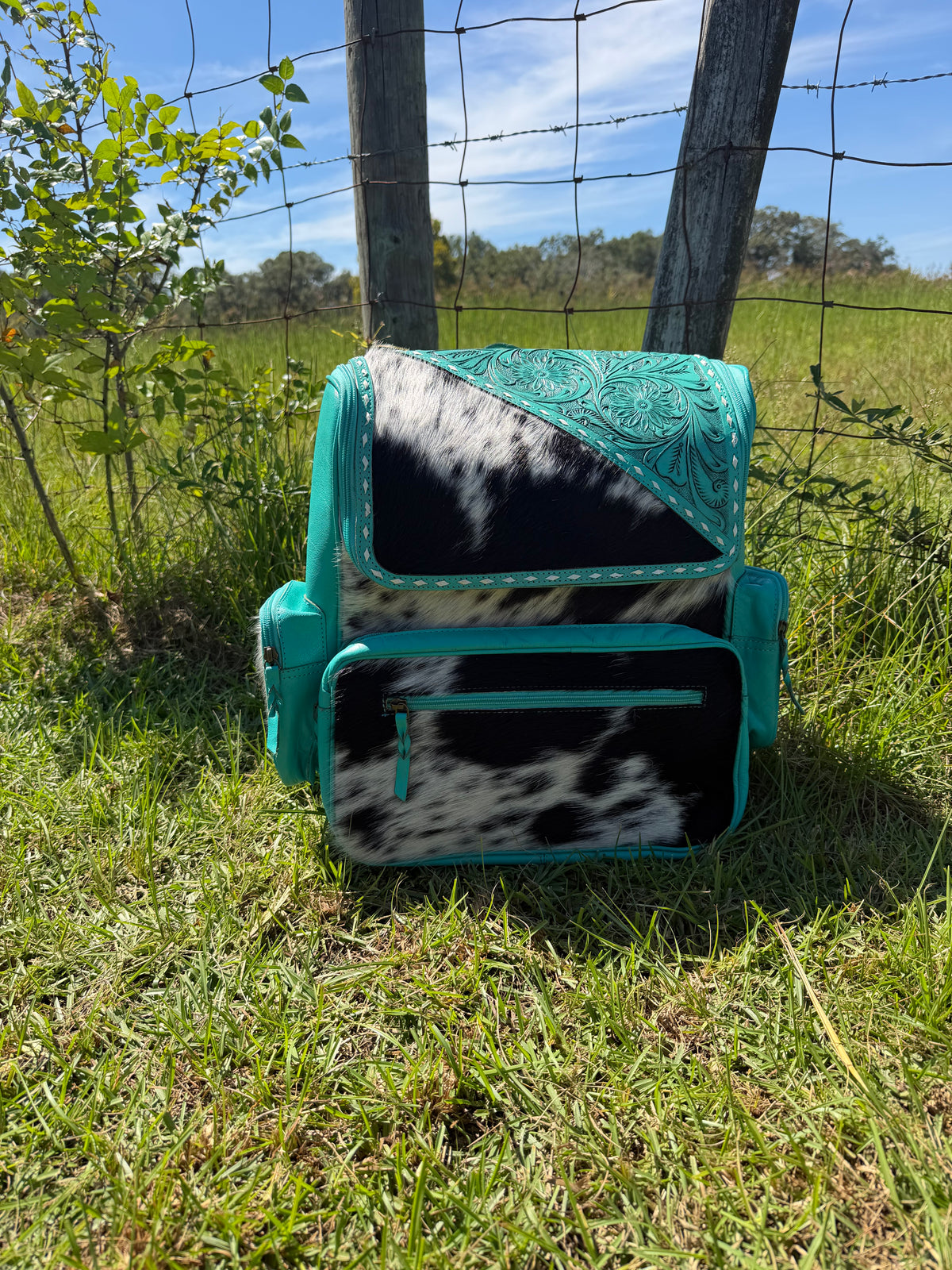 Turquoise Leather and Cowhide Backpack