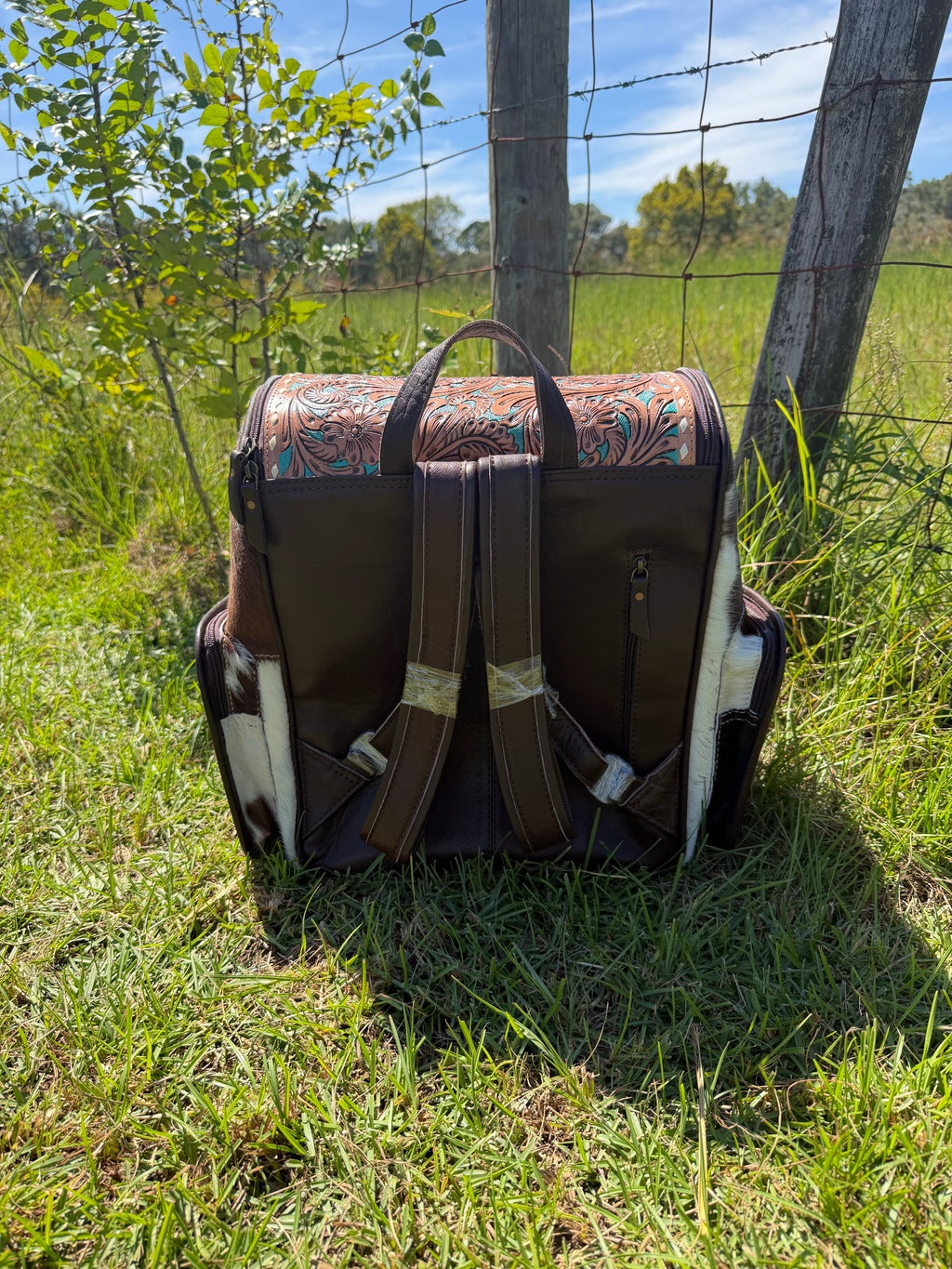 Turquoise Tooled Leather and Cowhide Backpack