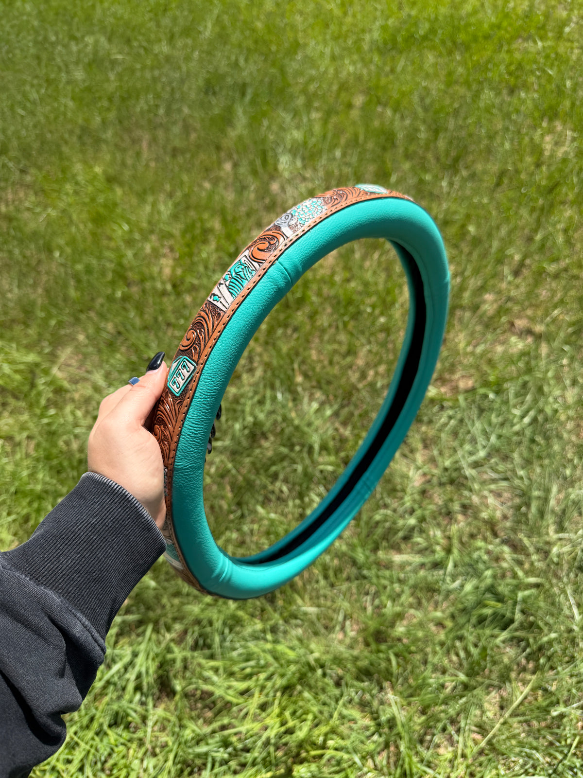 Turquoise Tooled Leather Steering Wheel Cover