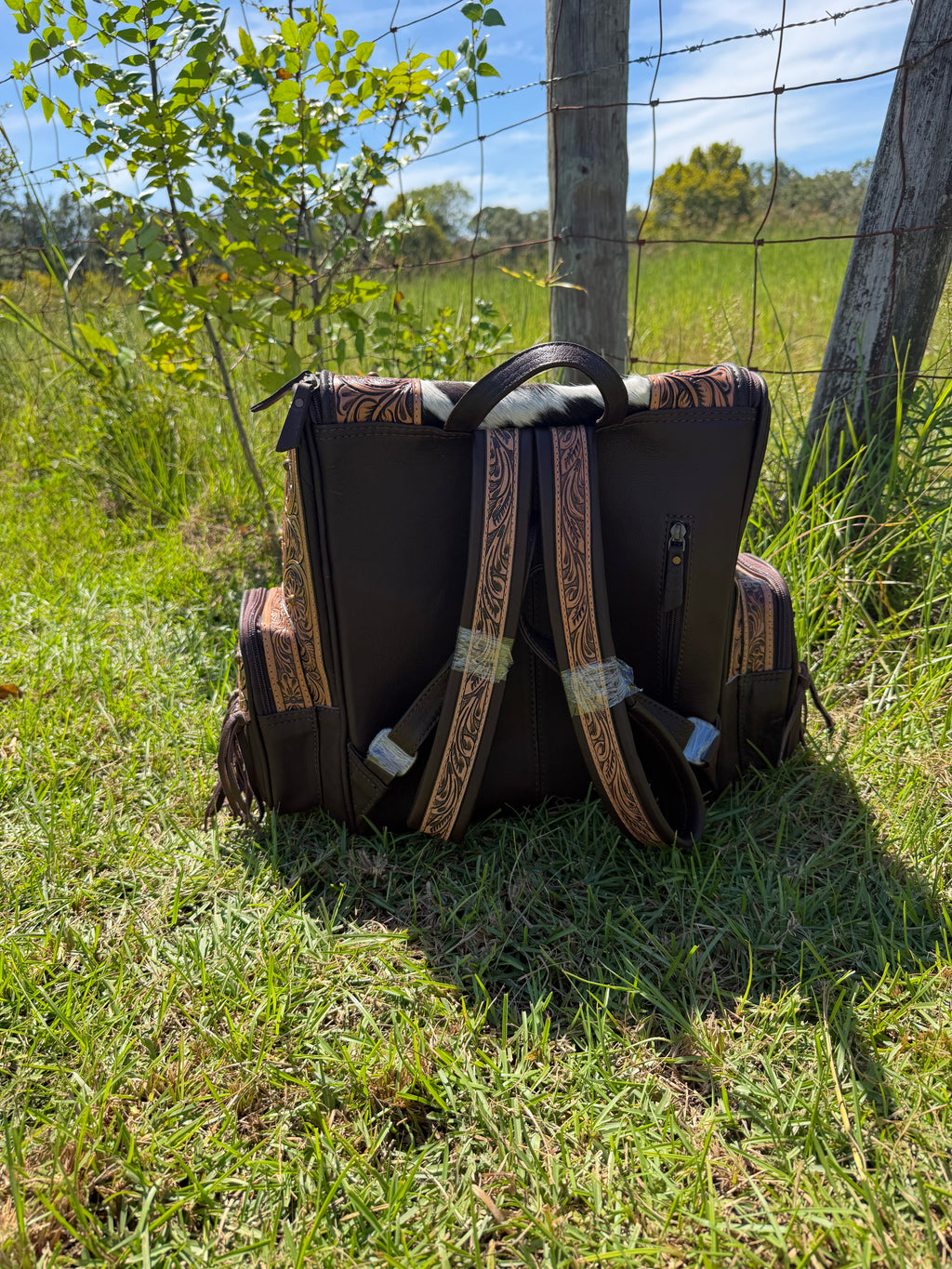 Tooled Leather and Cowhide Backpack With Fringe