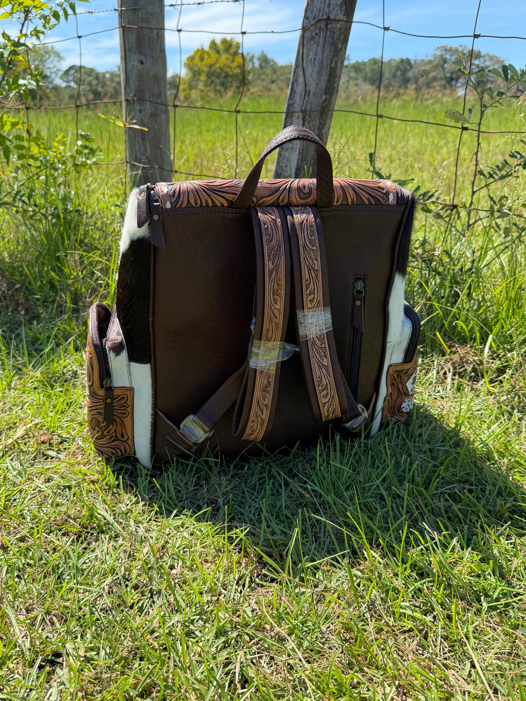 Cards Tooled Leather and Cowhide Backpack