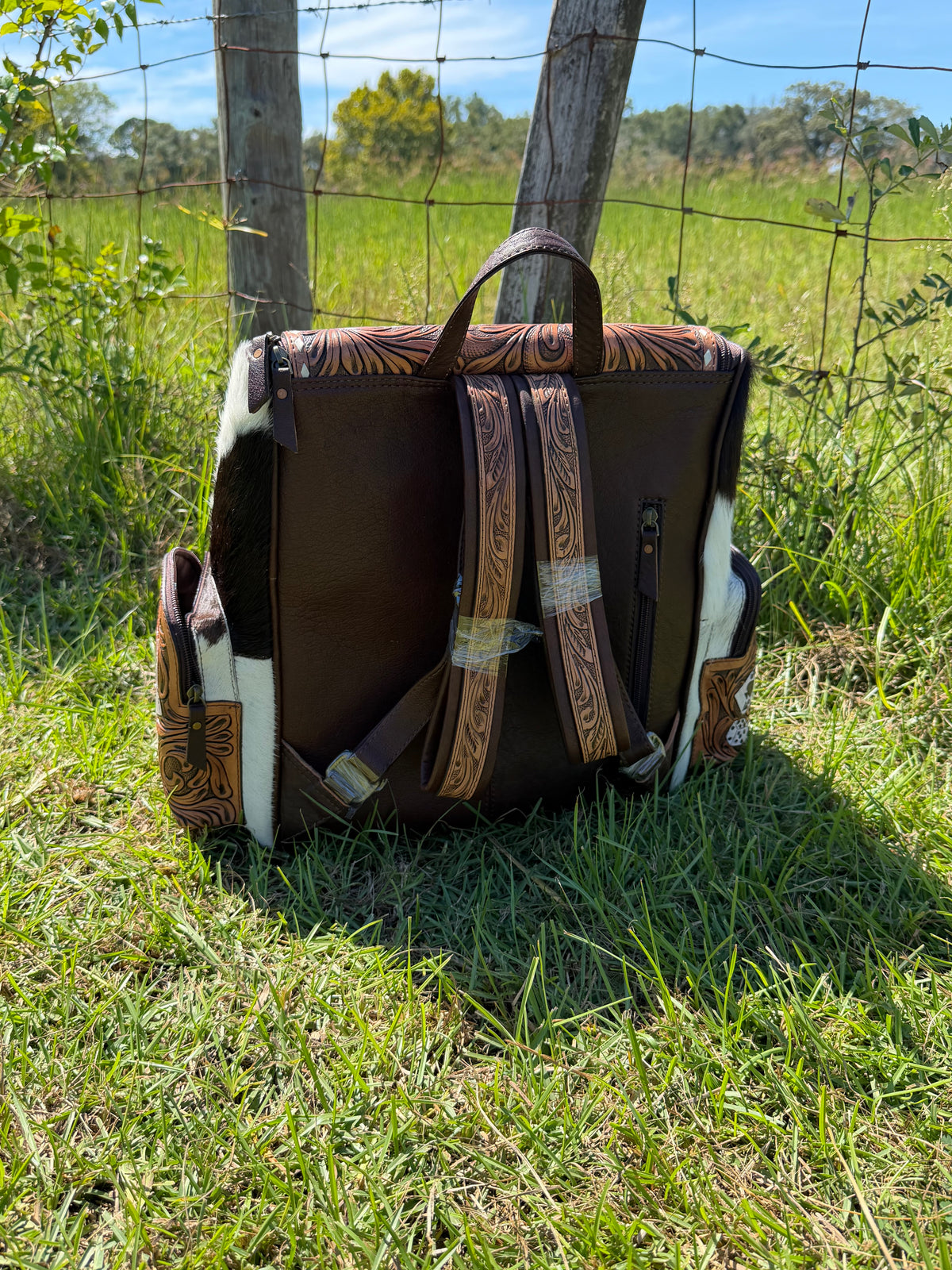 Cards Tooled Leather and Cowhide Backpack