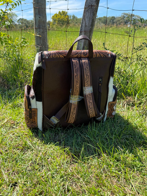 Cards Tooled Leather and Cowhide Backpack